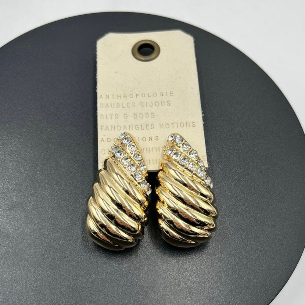 Anthropologie‎ Ribbed Crystal Post Pierced Gold Tone Earrings Gold New